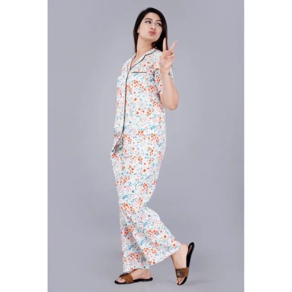 Women's Casual Half Sleeve Printed Viscose Rayon Shirt With Pyjama Pant Night Suit Set (White) - Image 4