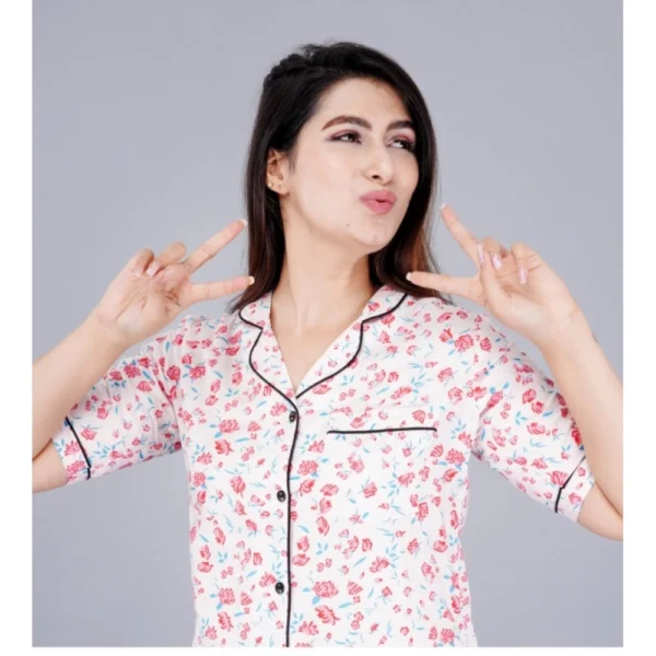 Women's Casual Half Sleeve Printed Viscose Rayon Shirt With Pyjama Pant Night Suit Set (Baby Pink) - Image 3