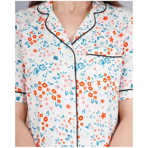 Women's Casual Half Sleeve Printed Viscose Rayon Shirt With Pyjama Pant Night Suit Set (White) - Image 3