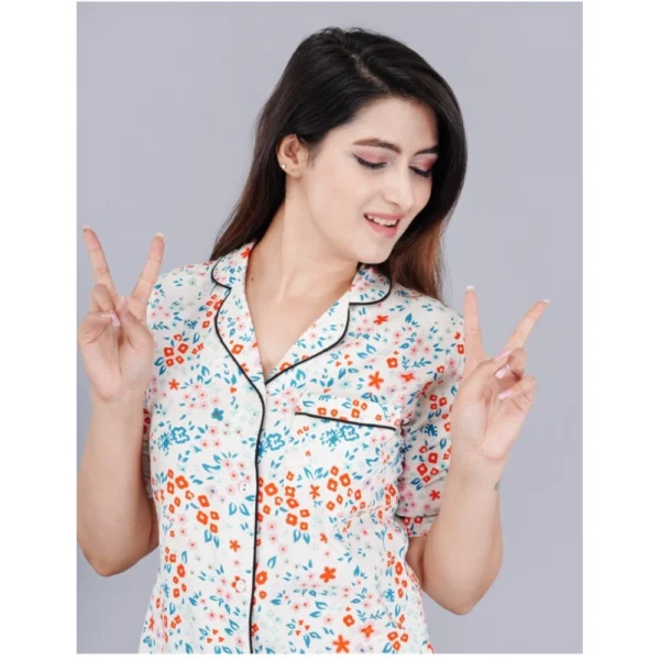 Women's Casual Half Sleeve Printed Viscose Rayon Shirt With Pyjama Pant Night Suit Set (White) - Image 2