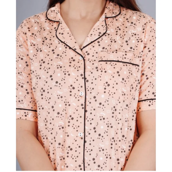 Women's Casual Half Sleeve Printed Viscose Rayon Shirt With Pyjama Pant Night Suit Set (Peach) - Image 3