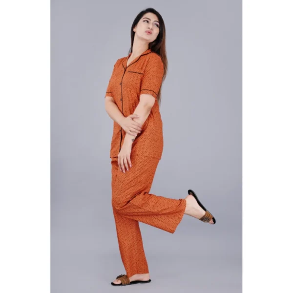 Women's Casual Half Sleeve Printed Viscose Rayon Shirt With Pyjama Pant Night Suit Set (Brown) - Image 6