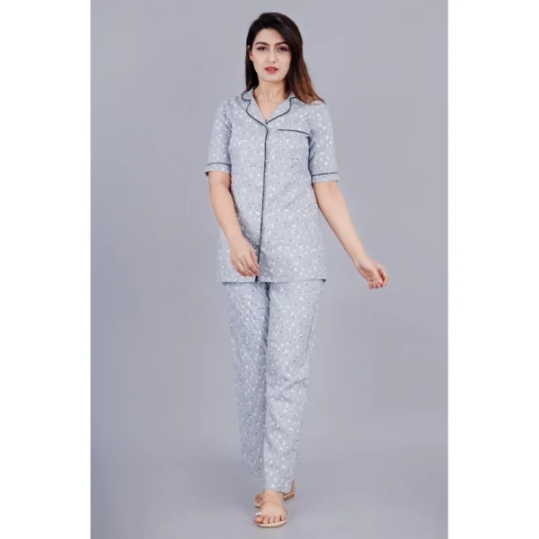 Women's Casual Half Sleeve Printed Viscose Rayon Shirt With Pyjama Pant Night Suit Set (Grey) - Image 2