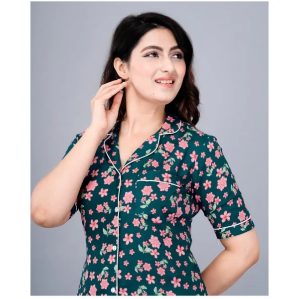 Women's Casual Half Sleeve Printed Viscose Rayon Shirt With Pyjama Pant Night Suit Set (Teal) - Image 4