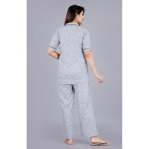 Women's Casual Half Sleeve Printed Viscose Rayon Shirt With Pyjama Pant Night Suit Set (Grey) - Image 3