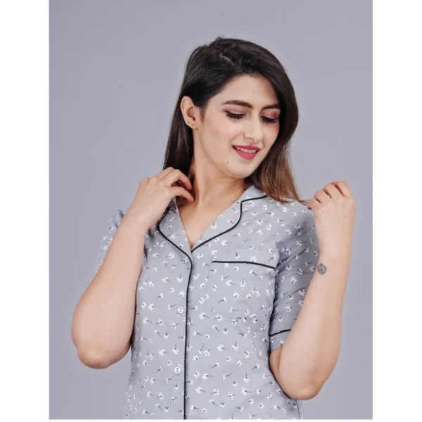Women's Casual Half Sleeve Printed Viscose Rayon Shirt With Pyjama Pant Night Suit Set (Grey) - Image 4