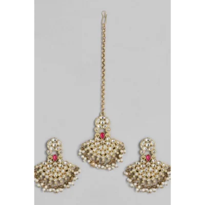 Women's Rose Gold Plated Alloy Kundan Earrings & Mangtikka (White)