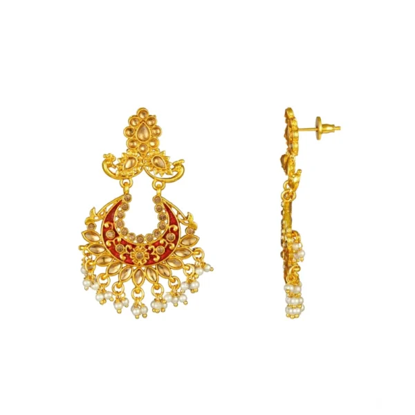 Women's Rose Gold Plated Alloy Kundan Earrings & Mangtikka (Maroon) - Image 4