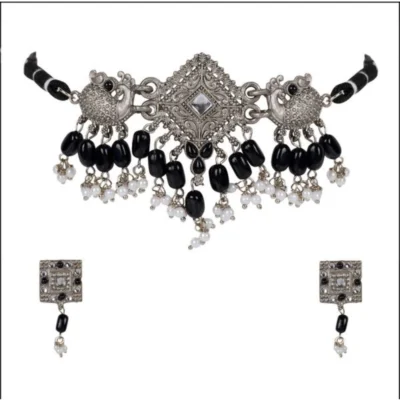 Women's Rose Gold Plated Alloy Necklace & Earings Set (Silver)