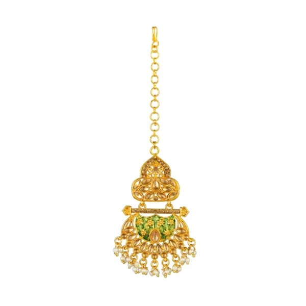 Women's Rose Gold Plated Alloy Kundan Earrings & Mangtikka (Green) - Image 3
