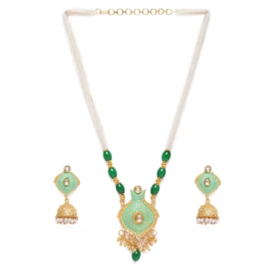 Women's Rose Gold Plated Alloy Necklace & Earings Set (Green)