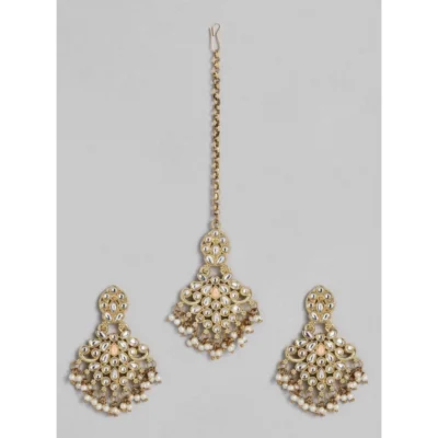 Women's Rose Gold Plated Alloy Kundan Earrings & Mangtikka (White)