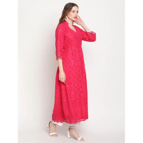 Women's Casual 3/4th Sleeve Embroidered Cotton Kurti (Magenta) - Image 3