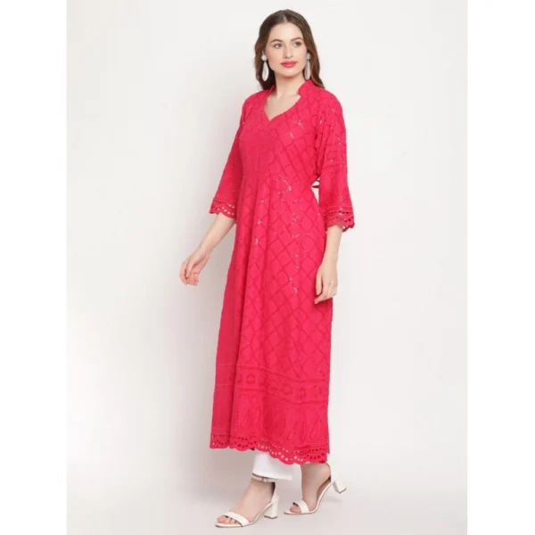 Women's Casual 3/4th Sleeve Embroidered Cotton Kurti (Magenta) - Image 4
