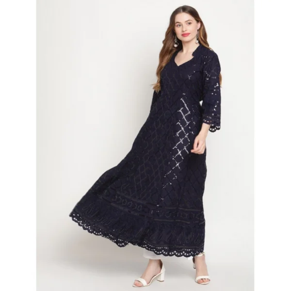 Women's Casual 3/4th Sleeve Embroidered Cotton Kurti (Navy Blue) - Image 2