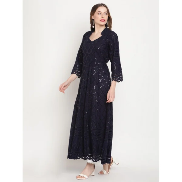 Women's Casual 3/4th Sleeve Embroidered Cotton Kurti (Navy Blue) - Image 4