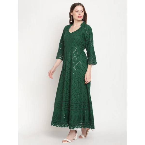 Women's Casual 3/4th Sleeve Embroidered Cotton Kurti (Dark Green) - Image 4