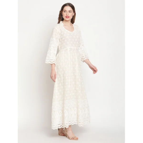 Women's Casual 3/4th Sleeve Embroidered Cotton Kurti (White) - Image 3