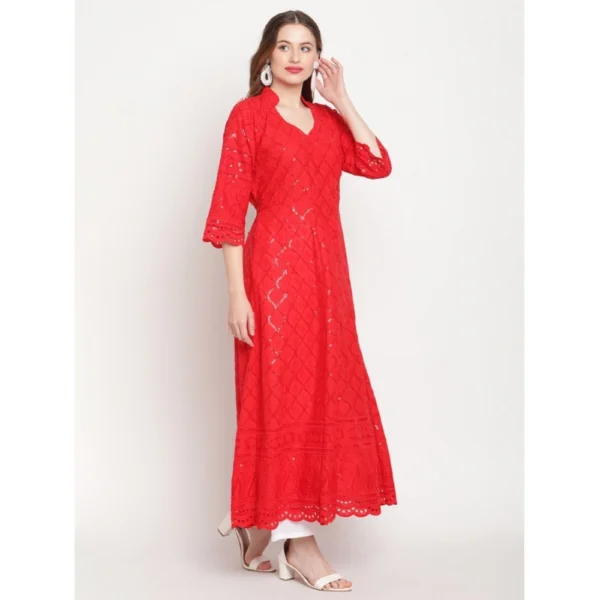Women's Casual 3/4th Sleeve Embroidered Cotton Kurti (Red) - Image 3