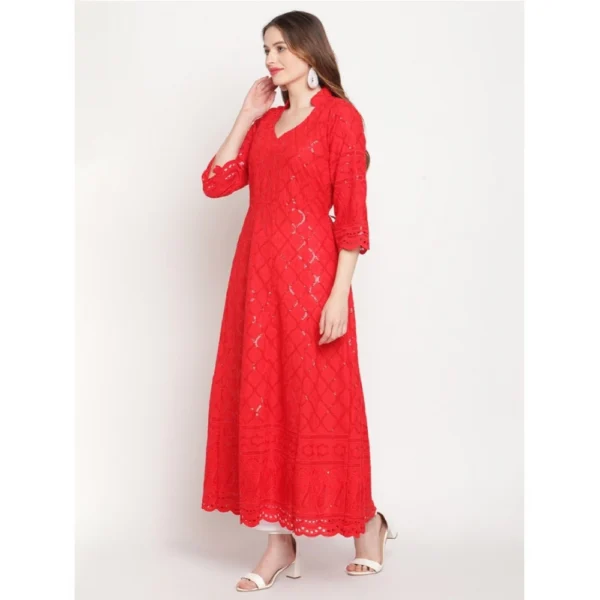 Women's Casual 3/4th Sleeve Embroidered Cotton Kurti (Red) - Image 4