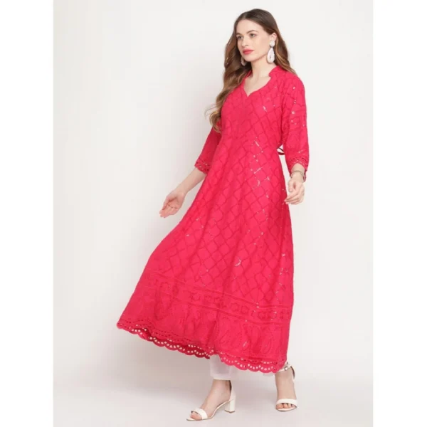 Women's Casual 3/4th Sleeve Embroidered Cotton Kurti (Magenta) - Image 2