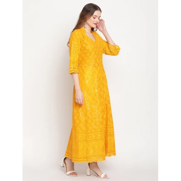 Women's Casual 3/4th Sleeve Embroidered Cotton Kurti (Mustard) - Image 3