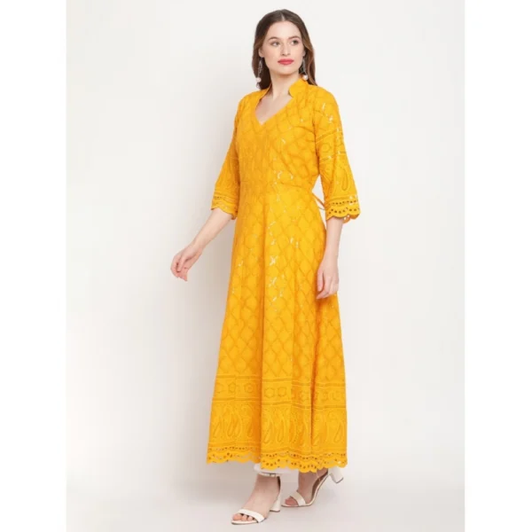 Women's Casual 3/4th Sleeve Embroidered Cotton Kurti (Mustard) - Image 4