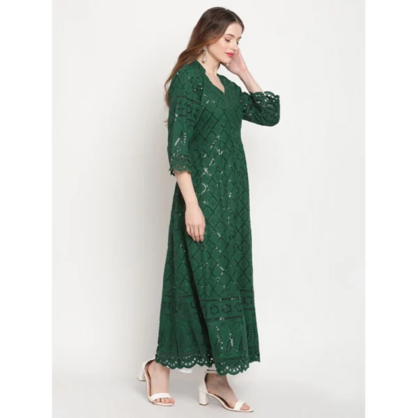 Women's Casual 3/4th Sleeve Embroidered Cotton Kurti (Dark Green) - Image 3