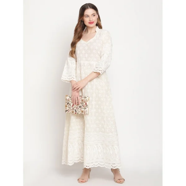 Women's Casual 3/4th Sleeve Embroidered Cotton Kurti (White) - Image 2