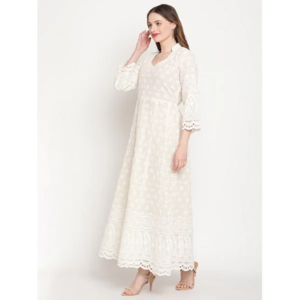 Women's Casual 3/4th Sleeve Embroidered Cotton Kurti (White) - Image 4