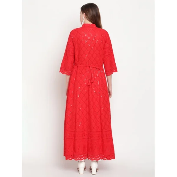Women's Casual 3/4th Sleeve Embroidered Cotton Kurti (Red) - Image 6
