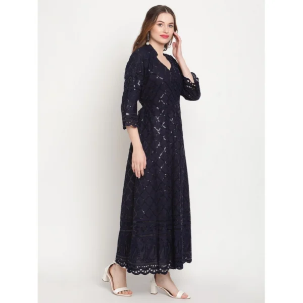 Women's Casual 3/4th Sleeve Embroidered Cotton Kurti (Navy Blue) - Image 3