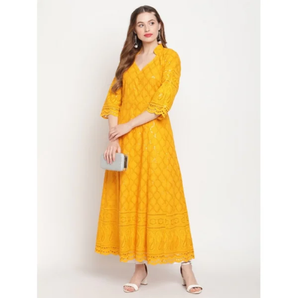 Women's Casual 3/4th Sleeve Embroidered Cotton Kurti (Mustard) - Image 2