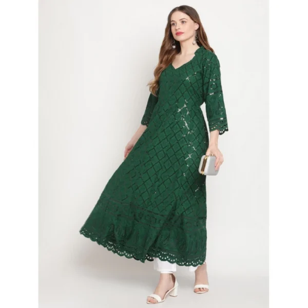 Women's Casual 3/4th Sleeve Embroidered Cotton Kurti (Dark Green) - Image 2