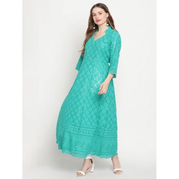 Women's Casual 3/4th Sleeve Embroidered Cotton Kurti (Blue) - Image 4
