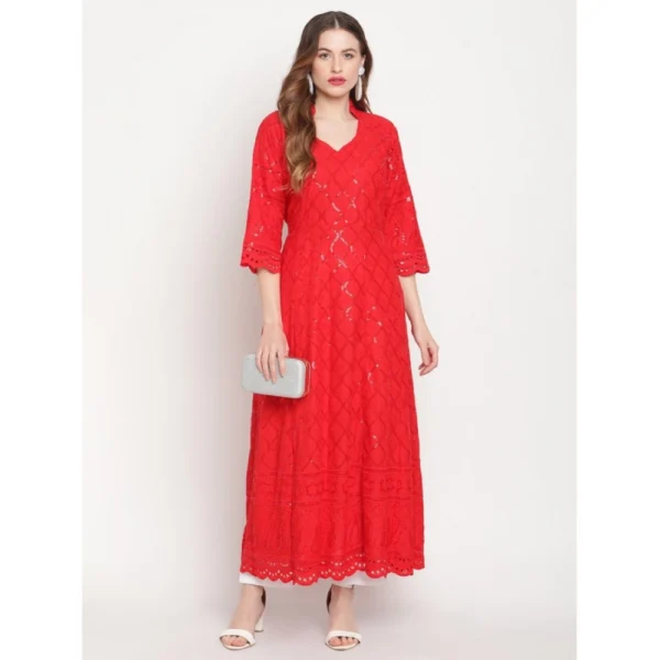 Women's Casual 3/4th Sleeve Embroidered Cotton Kurti (Red) - Image 2