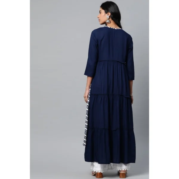 Women's Casual 3/4 th Sleeve Geometric Rayon Kurti (Navy Blue) - Image 2