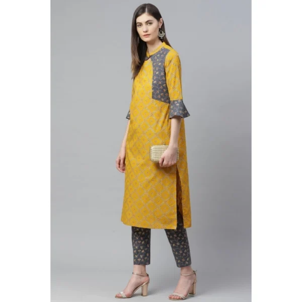 Women's Casual Bell Sleeves Geomatrical Printed Cotton Kurti Set (Yellow) - Image 3