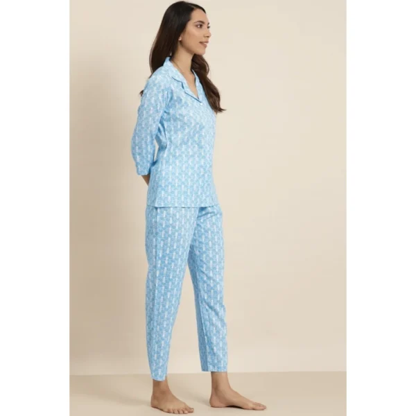 Women's Casual 3/4 th Sleeve Floral Printed Rayon Shirt With Pyjama Pant Night Suit Set (Blue) - Image 3