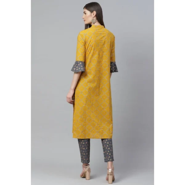 Women's Casual Bell Sleeves Geomatrical Printed Cotton Kurti Set (Yellow) - Image 2