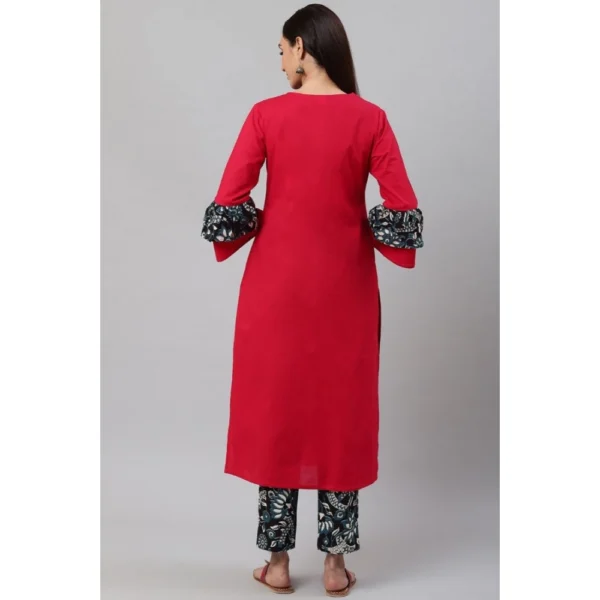 Women's Casual Bell Sleeves Floral Printed Cotton Kurti Set (Rani Pink) - Image 2