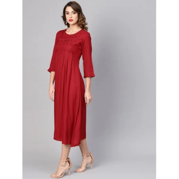 Women's Casual 3/4 th Sleeve Solid Rayon Dobby Dress (Maroon) - Image 3