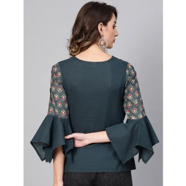 Women's Casual Bell Sleeves Floral Printed Cotton Slub Top (Grey) - Image 2