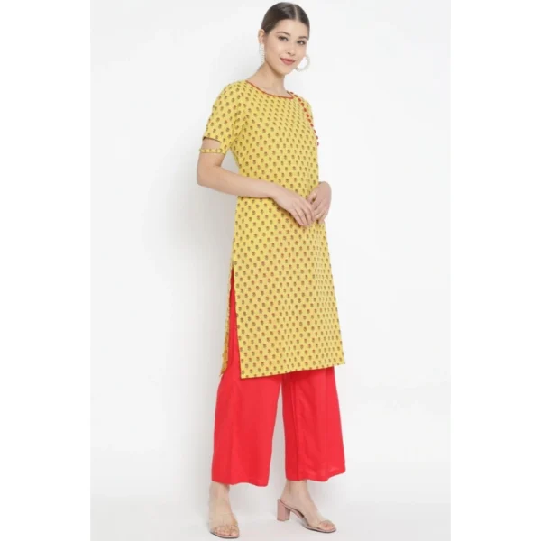 Women's Casual Short Sleeves Floral Printed Cotton & Rayon Kurti Palazzo Set (Yellow & Red) - Image 5