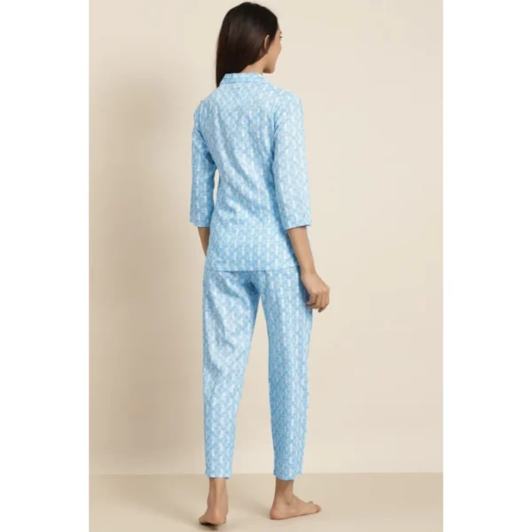 Women's Casual 3/4 th Sleeve Floral Printed Rayon Shirt With Pyjama Pant Night Suit Set (Blue) - Image 2