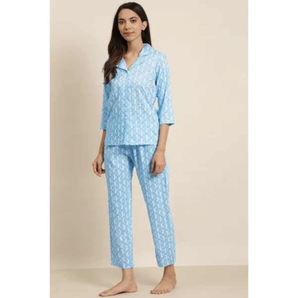 Women's Casual 3/4 th Sleeve Floral Printed Rayon Shirt With Pyjama Pant Night Suit Set (Blue) - Image 5