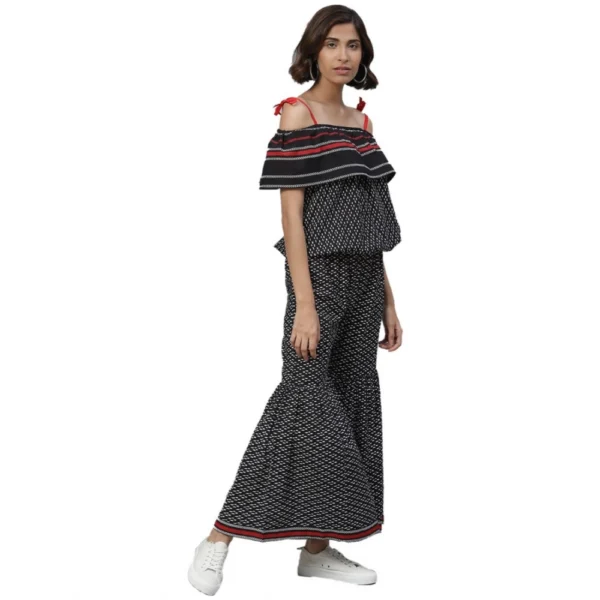 Women's Casual shoulder sleeve Geomatrical Printed Cotton Dress (Black) - Image 4