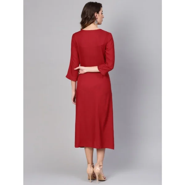 Women's Casual 3/4 th Sleeve Solid Rayon Dobby Dress (Maroon) - Image 2