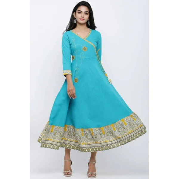 Women's Casual 3/4 th Sleeve Embroidery Cotton Blend Kurti (Torque Green) - Image 3