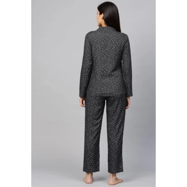 Women's Casual Full Sleeves Polka Dot Printed Rayon Shirt With Pyjama Pant Night Suit Set (Grey) - Image 2